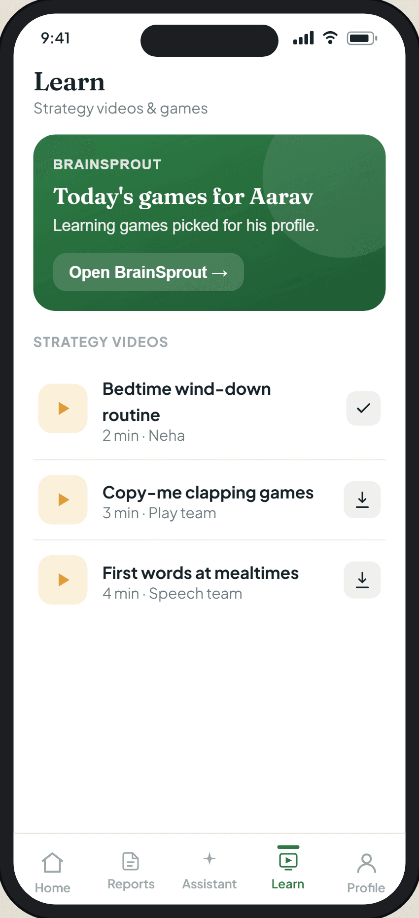 The activities screen, with short strategy videos and BrainSprout games.