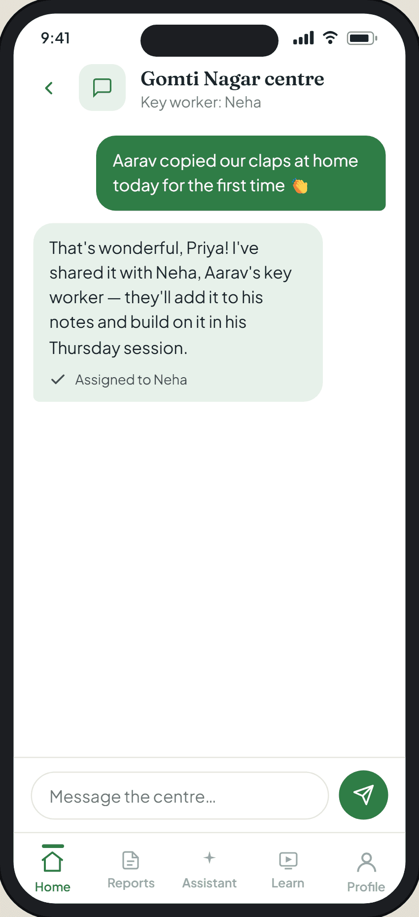 A secure message thread between a parent and their centre.