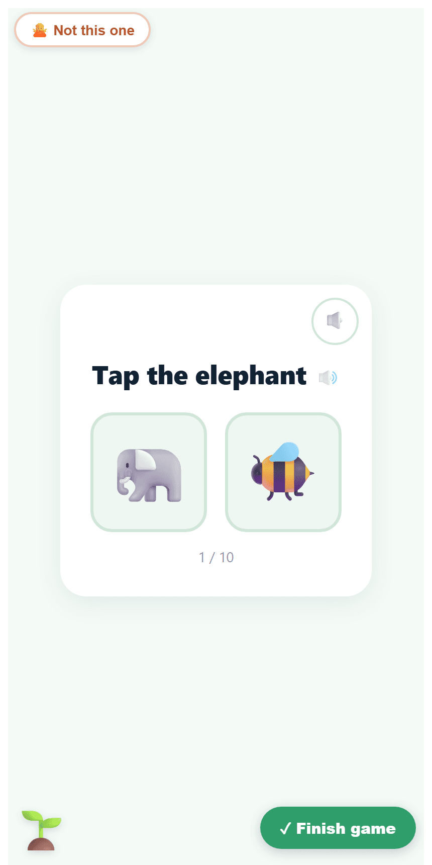 A BrainSprout screen reading “Tap the elephant”, with two large pictures to choose from.