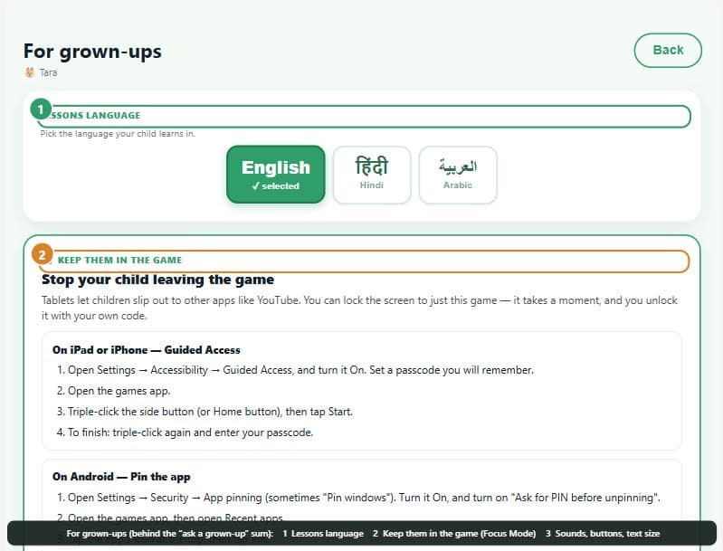 The For grown-ups settings screen, with Lessons language, Focus Mode and accessibility marked.