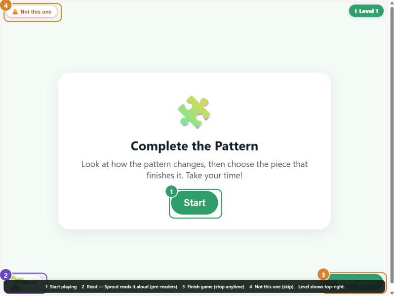 A BrainSprout game's start screen, with Start, Read, Finish game and Not this one marked.