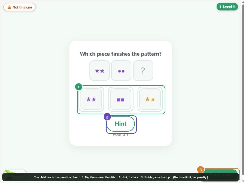 A BrainSprout game being played, with the answer options, Hint and Finish game marked.