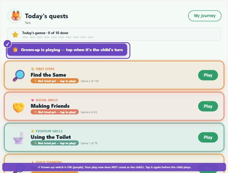 The grown-up switch turned on, shown in purple, reading 'Grown-up is playing'.
