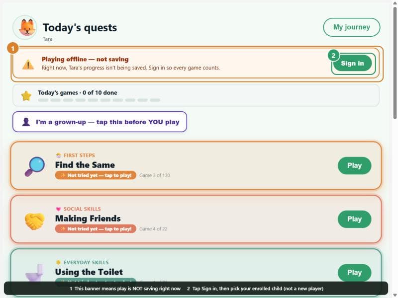 The 'Playing offline — not saving' banner on the Home screen, with the Sign in button marked.