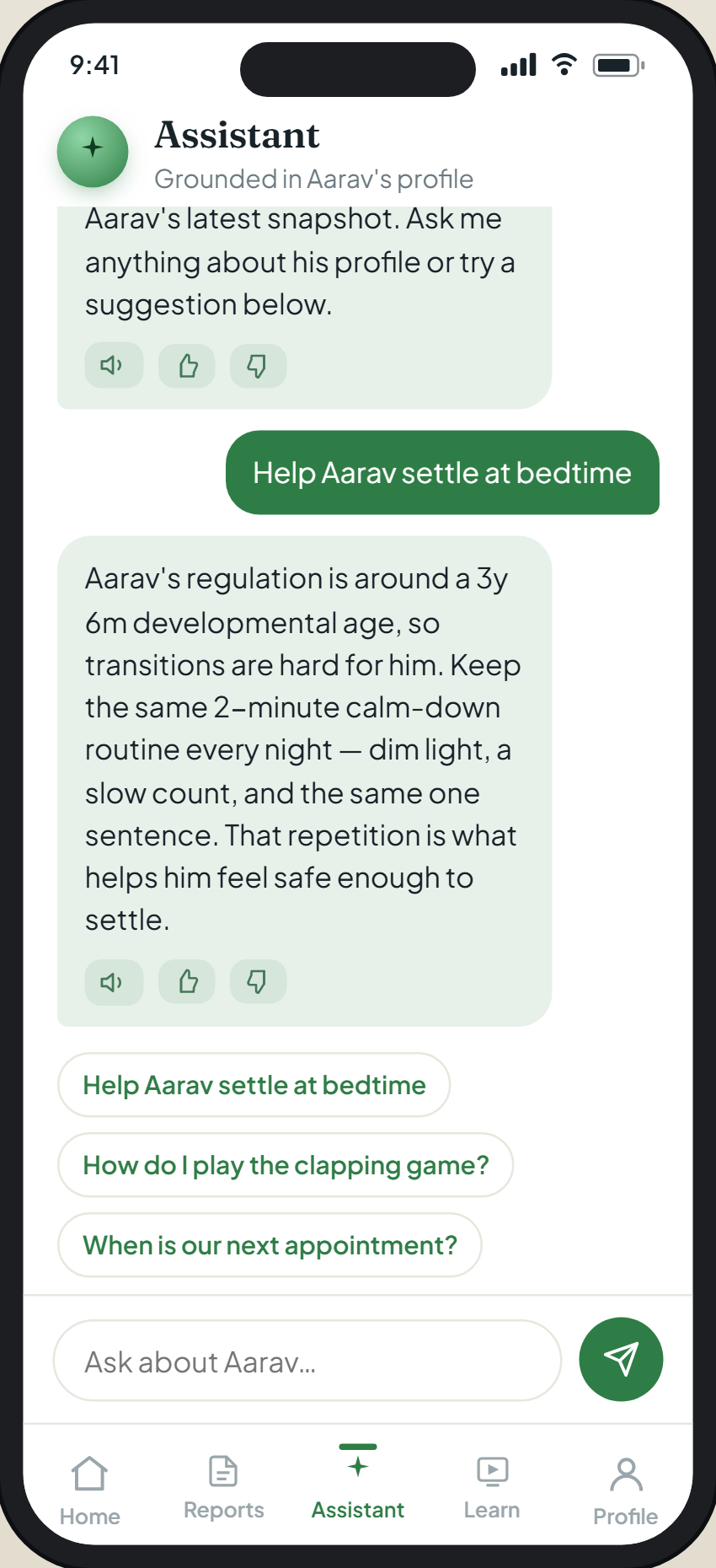 The in-app assistant answering a parent's question, grounded in the child's plan