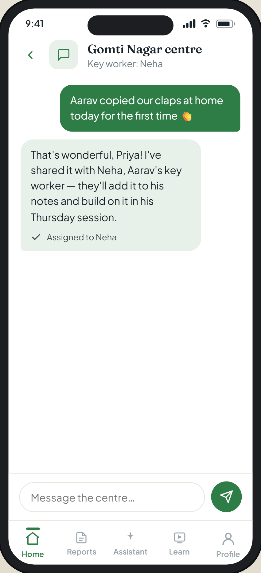 A secure message thread between a parent and their centre